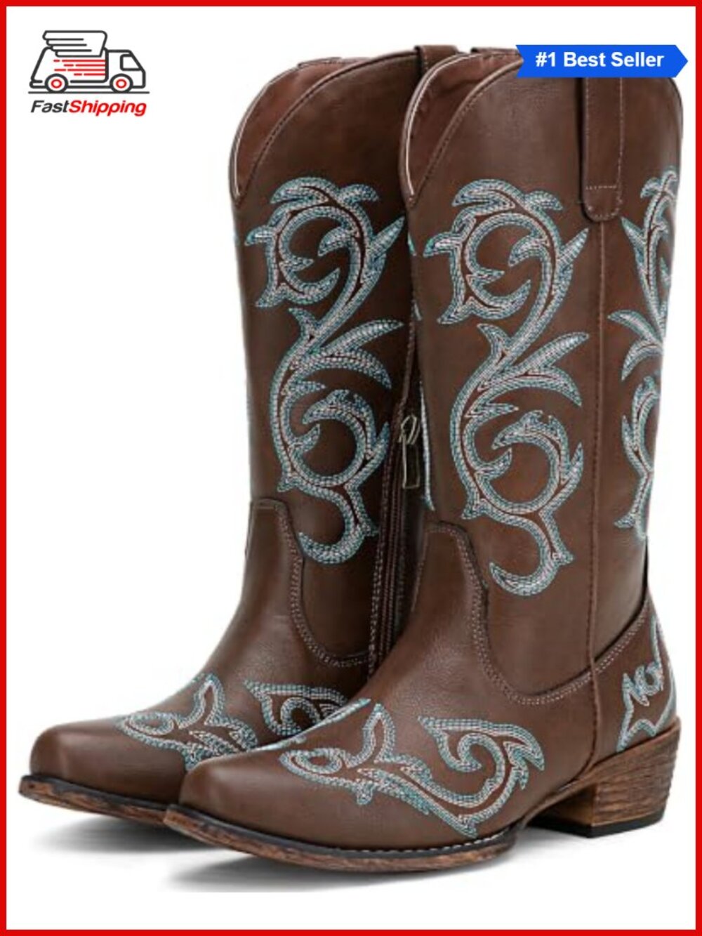 Wide Calf Cowboy Boots Faux Leather Embroidered Mid Calf Western